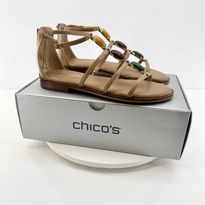 Chico's Nadia Gladiator Colorful Beaded Tan Leather Sandal 7.5M‎